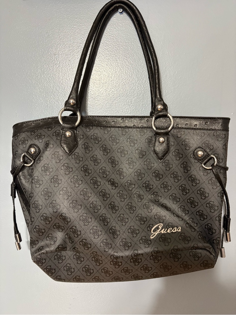 GUESS Black Monogram Tote with Gold Logo